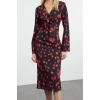 Women Fashion Stylish Midi Length V Neck Regular Floral Patterned A Cut Lace Detail Satin Woven Dress