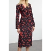 Women Fashion Stylish Midi Length V Neck Regular Floral Patterned A Cut Lace Detail Satin Woven Dress