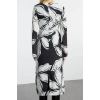 Women Fashion Stylish Midi Length V Neck Regular Floral Patterned A Cut Lace Detail Satin Woven Dress