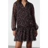 Women Fashion Stylish Mini Length Stand Collar Regular Leopard Patterned Plain Pattern Lined Chiffon Woven Winter Dress