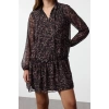 Women Fashion Stylish Mini Length Stand Collar Regular Leopard Patterned Plain Pattern Lined Chiffon Woven Winter Dress