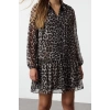 Women Fashion Stylish Mini Length Stand Collar Regular Leopard Patterned Plain Pattern Lined Chiffon Woven Winter Dress