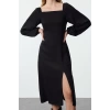Women Fashion Stylish Midi Length Square Neck Regular Balloon Sleeve A Cut Belmando Fabric Woven Dress