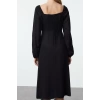 Women Fashion Stylish Midi Length Square Neck Regular Balloon Sleeve A Cut Belmando Fabric Woven Dress
