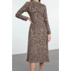 Women Fashion Stylish Midi Length Stand Collar Regular Animal Pattern Collar Drape Detailed A Cut Woven Dress