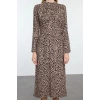 Women Fashion Stylish Midi Length Stand Collar Regular Animal Pattern Collar Drape Detailed A Cut Woven Dress
