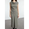 Women Fashion Stylish Midi Length Cowl Neck Regular Plaid Checkered A Cut Flannel Fabric Winter Woven Dress
