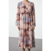 Women Fashion Chic Maxi Length Double Breasted Regular Abstract Pattern Belted A-Line Collar Lined Chiffon Woven Dress