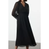 Women Fashion Chic Maxi Length Double Breasted Regular Abstract Pattern Belted A-Line Collar Lined Chiffon Woven Dress