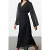 Women Fashion Chic Maxi Length Double Breasted Regular Abstract Pattern Belted A-Line Collar Lined Chiffon Woven Dress