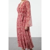 Women Fashion Chic Maxi Length Double Breasted Regular Abstract Pattern Belted A-Line Collar Lined Chiffon Woven Dress