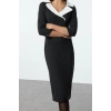 Women Fashion Stylish Midi Length Jacket Collar Regular Color Block Fitted Bodycon Woven Dress