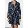 Womens Mini Length Double Breasted Regular Abstract Pattern Collar Skater Waist Open Lined Chiffon Woven Dress