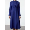 Women Fashion Stylish Midi Length High Neck Regular Skater Waist Open Woven Dress
