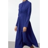 Women Fashion Stylish Midi Length High Neck Regular Skater Waist Open Woven Dress