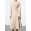 Women Fashion Stylish Midi Length High Neck Regular Skater Waist Open Woven Dress