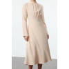 Women Fashion Stylish Midi Length High Neck Regular Skater Waist Open Woven Dress