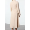 Women Fashion Stylish Midi Length High Neck Regular Skater Waist Open Woven Dress