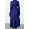 Women Fashion Stylish Midi Length High Neck Regular Skater Waist Open Woven Dress
