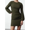 Womens Fashion Mini Length Crew Neck Regular Fitted Drape Detail Balloon Sleeve Woven Dress
