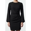 Womens Fashion Mini Length Crew Neck Regular Fitted Drape Detail Balloon Sleeve Woven Dress