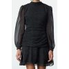 Womens Fashion Mini Length Stand Collar Regular Polka Dot A Cut Draped Chiffon Lined Woven Winter Dress
