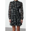 Womens Fashion Mini Length Stand Collar Regular Polka Dot A Cut Draped Chiffon Lined Woven Winter Dress