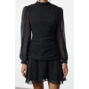 Womens Fashion Mini Length Stand Collar Regular Polka Dot A Cut Draped Chiffon Lined Woven Winter Dress