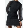 Womens Fashion Mini Length Stand Collar Regular Polka Dot A Cut Draped Chiffon Lined Woven Winter Dress
