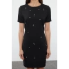 Women Fashion Stylish Mini Length Crew Neck Regular Shift Plain Pattern Stone Embroidered Woven Dress