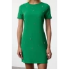 Women Fashion Stylish Mini Length Crew Neck Regular Shift Plain Pattern Stone Embroidered Woven Dress