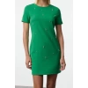 Women Fashion Stylish Mini Length Crew Neck Regular Shift Plain Pattern Stone Embroidered Woven Dress