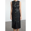 Womens Fashion Midi Length Crew Neck Relaxed Fitted Faux Leather Button Detailed Woven Dress