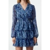 Womens Mini V Neck Ethnic Pattern Skater Waist Opening Skirt Flounce Chiffon Lined Woven Dress