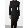 Women Fashion Stylish Midi Length Stand Collar Regular Padded Shoulder Detailed Fitted Body-Sit Woven Dress