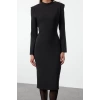 Women Fashion Stylish Midi Length Stand Collar Regular Padded Shoulder Detailed Fitted Body-Sit Woven Dress