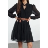 Women Fashion Stylish Mini Length Stand Collar Regular Plain Wide Cut Polka Dot Chiffon Fabric Woven Winter Dress