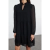 Women Fashion Stylish Mini Length Stand Collar Regular Plain Wide Cut Polka Dot Chiffon Fabric Woven Winter Dress