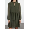 Women Fashion Stylish Mini Length Stand Collar Regular Plain Wide Cut Polka Dot Chiffon Fabric Woven Winter Dress