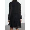 Women Fashion Stylish Mini Length Stand Collar Regular Plain Wide Cut Polka Dot Chiffon Fabric Woven Winter Dress