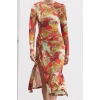 Womens Midi Length Fitted Limited Edition Printed Body-Smoothing Elastic Knit Dress with Tie Detail