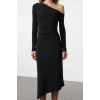 Womens Maxi Length Asymmetrical Collar Slim Limited Edition Off-the-Shoulder Draped Flexible Knit Dress
