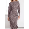 Womens Fashion Midi Length Boat Neck Slim Limited Edition Printed Draped Fitted Stretchy Knit Dress