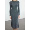 Women Fashion Stylish Maxi Length Stand Collar Slim Plain Washed Faded Effect Zero Sleeve Flexible Knitted Dress