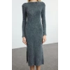 Women Fashion Stylish Maxi Length Stand Collar Slim Plain Washed Faded Effect Zero Sleeve Flexible Knitted Dress