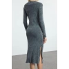 Women Fashion Stylish Maxi Length Stand Collar Slim Plain Washed Faded Effect Zero Sleeve Flexible Knitted Dress