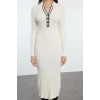 Women Fashion Stylish Midi Length Polo Neck Slim Stone Color Block Knitwear Premium Yarn Special Yarn Dress