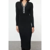 Women Fashion Stylish Midi Length Polo Neck Slim Stone Color Block Knitwear Premium Yarn Special Yarn Dress