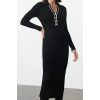 Women Fashion Stylish Midi Length Polo Neck Slim Stone Color Block Knitwear Premium Yarn Special Yarn Dress