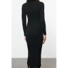 Women Fashion Stylish Midi Length Polo Neck Slim Stone Color Block Knitwear Premium Yarn Special Yarn Dress